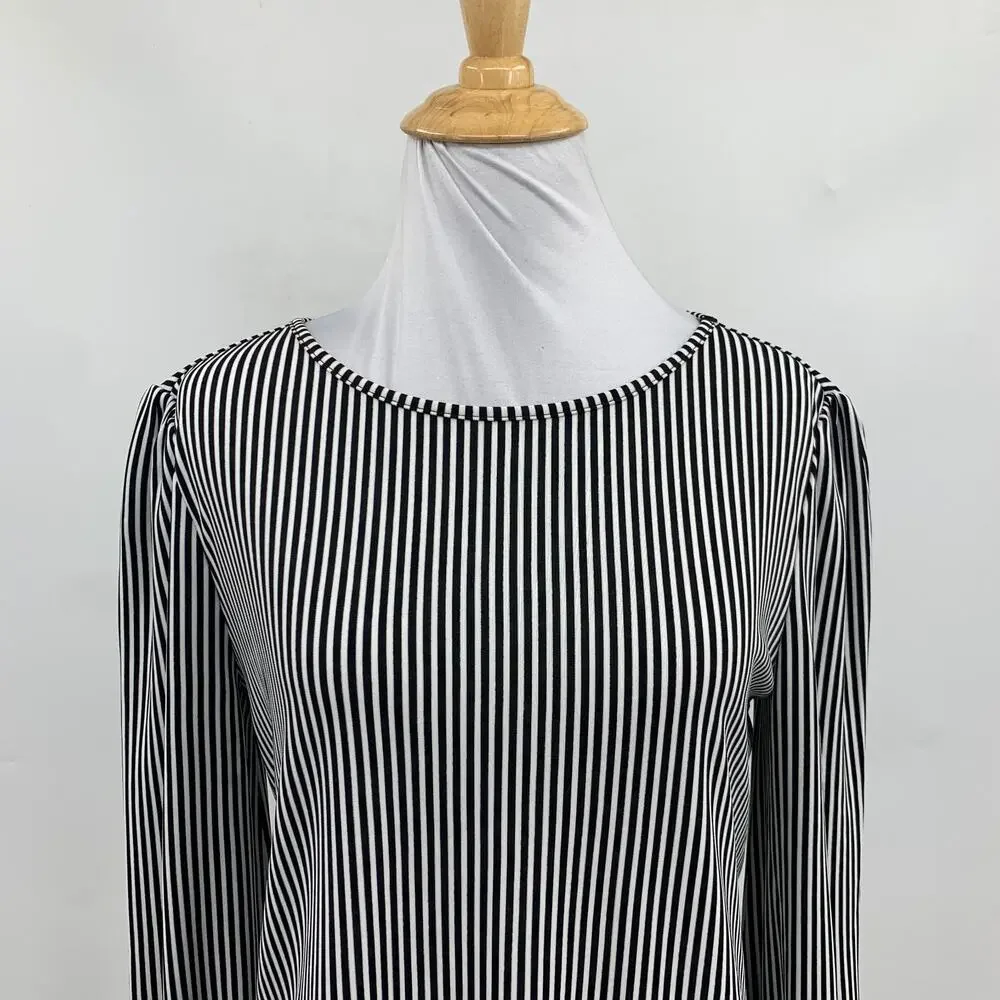 Ann Taylor Top Women XS Extra Small White Black Striped Long Sleeve Button Cuff